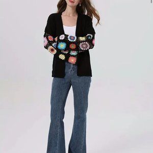 Women Open Cardigan Sweater Large L Black Crochet-Sleeves Eyelet Mid Length